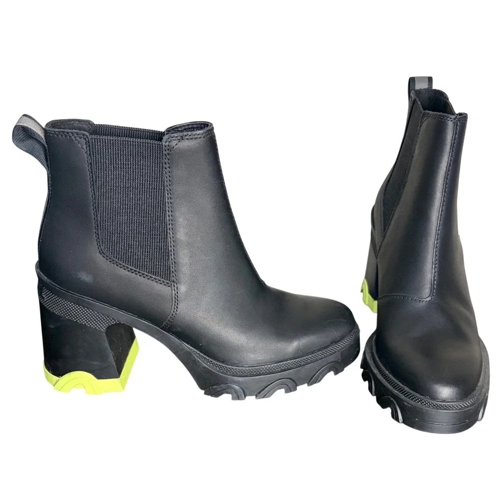 Sorel Black Neon Lime Brex Boot Chelsea Lug Sole Women's‎ Size 8.5